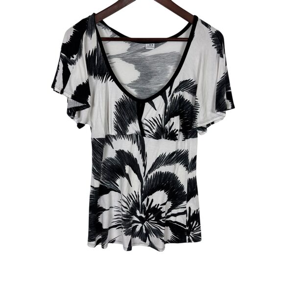 Three Dots Black White Floral Short Sleeve Keyhole Scoop Neck Women's Small - Picture 1 of 4